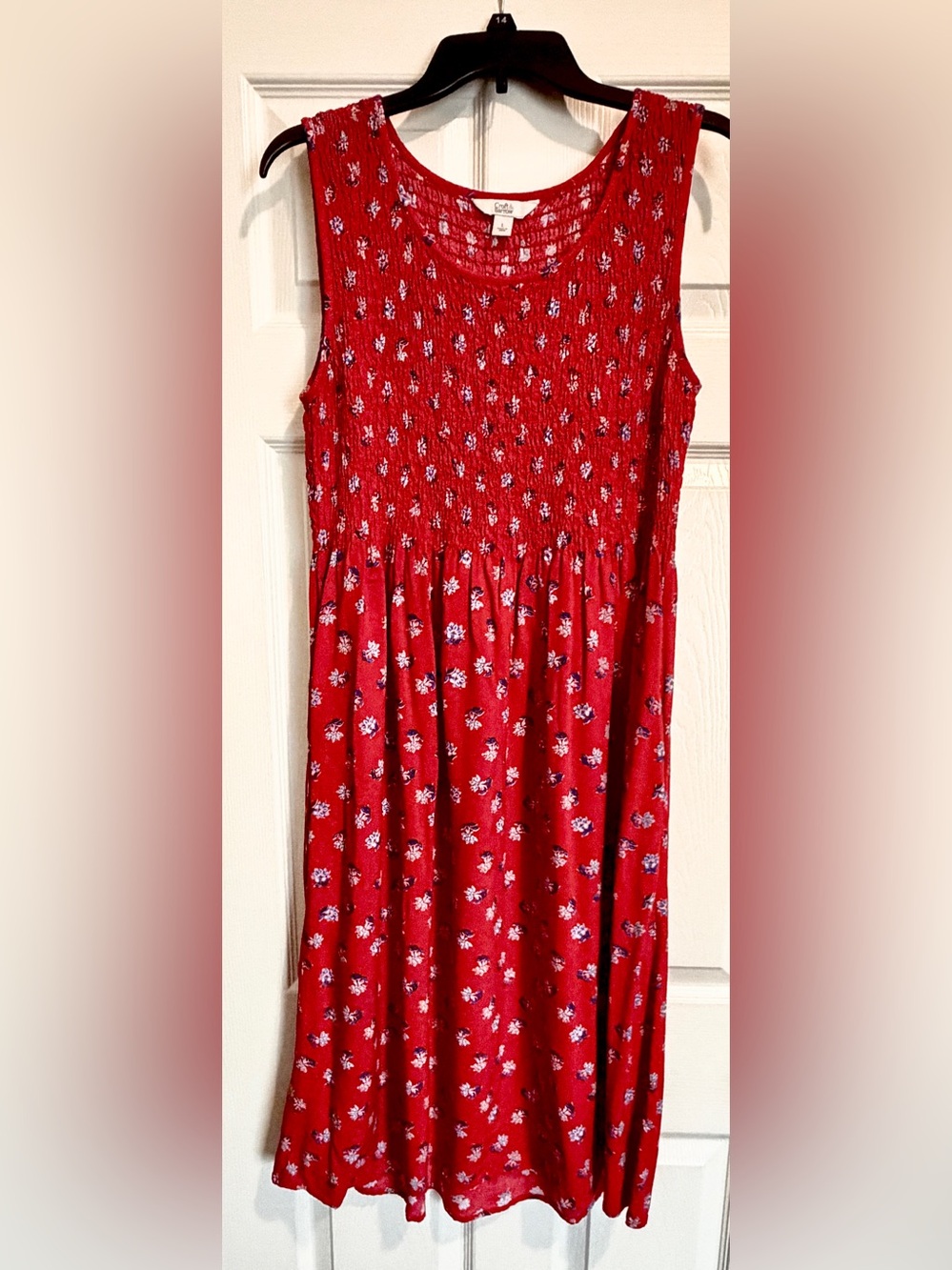 Croft & Barrow Red Floral Smocked Midi Dress with Blue and White Accents